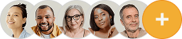 Portraitfotos verschiedener Personen unterschiedlichen Alters mit einem Symbol Plus 