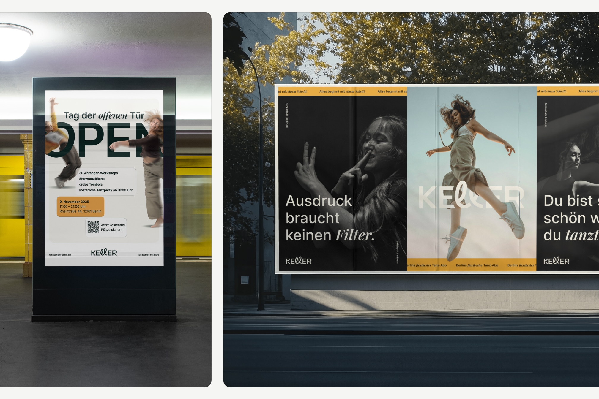 Mockup: Außenwerbung im Stadtraum mit Plakatmotiven des neuen Markenauftritts der Tanzschule Keller