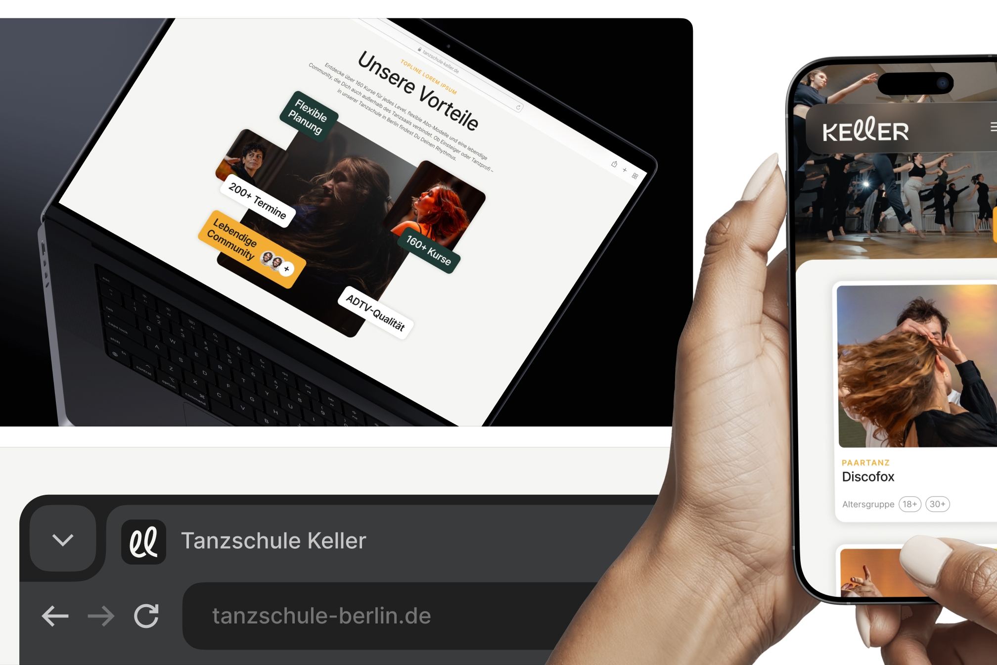 Darstellung des neuen Webdesigns der Tanzschule Keller auf Laptop und Smartphone