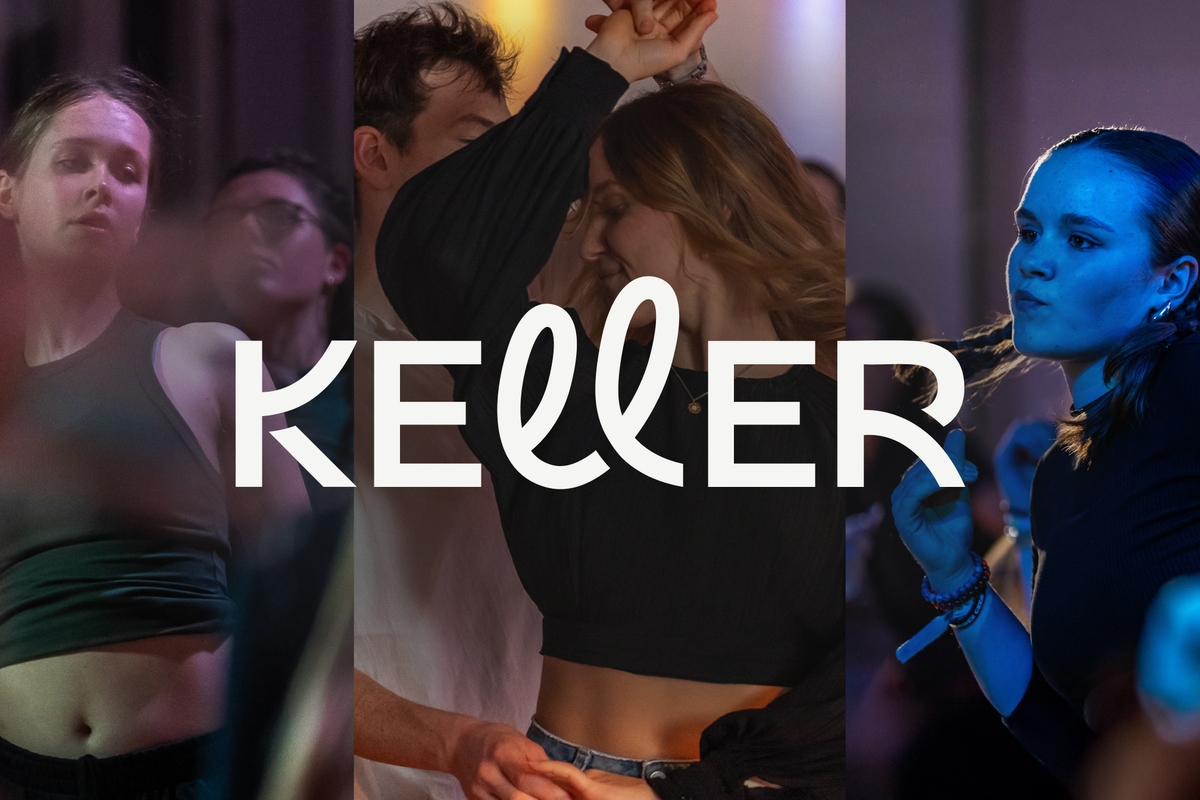 Key Visual des Rebrandings mit tanzenden Personen und dem Schriftzug ›Keller‹